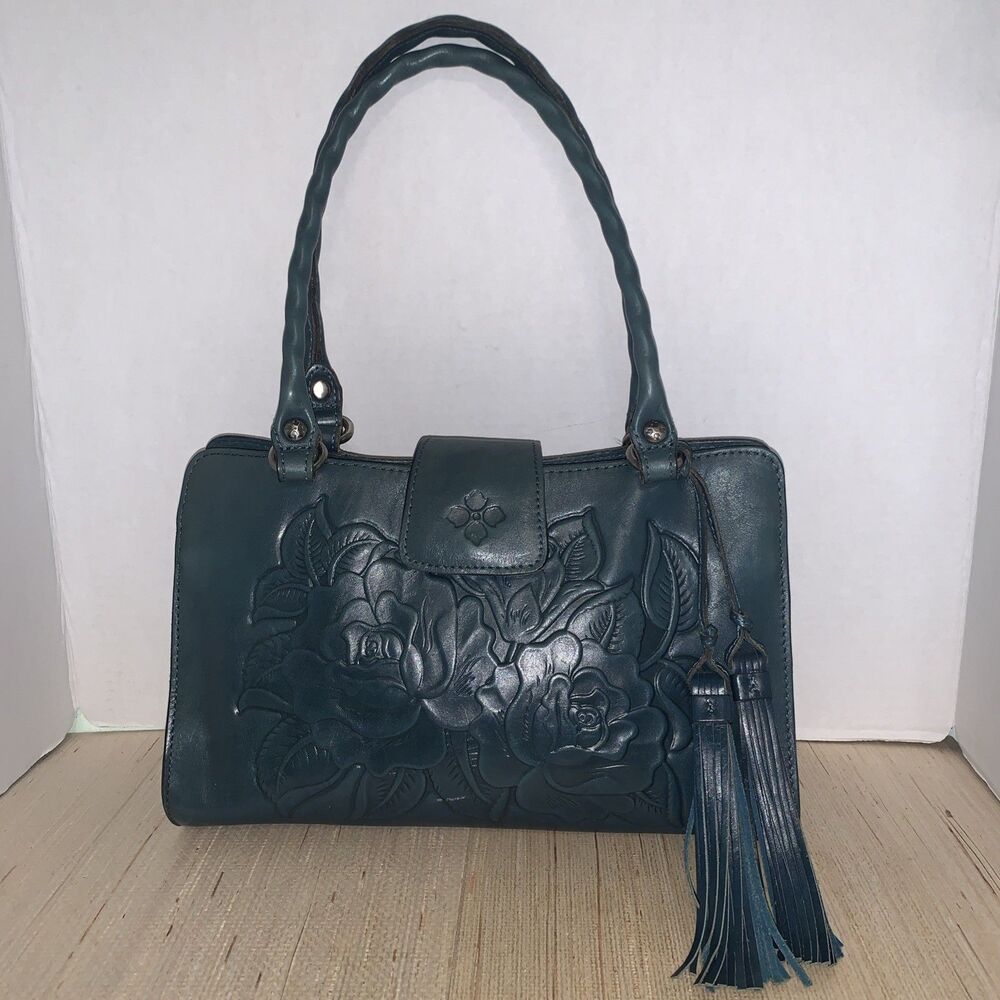 Patricia Nash Rienzo Florence Tooled  Blue/Green Leather Double Handle Satchel